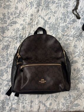 Coach Dark Brown Signature Backpack with Black Trim